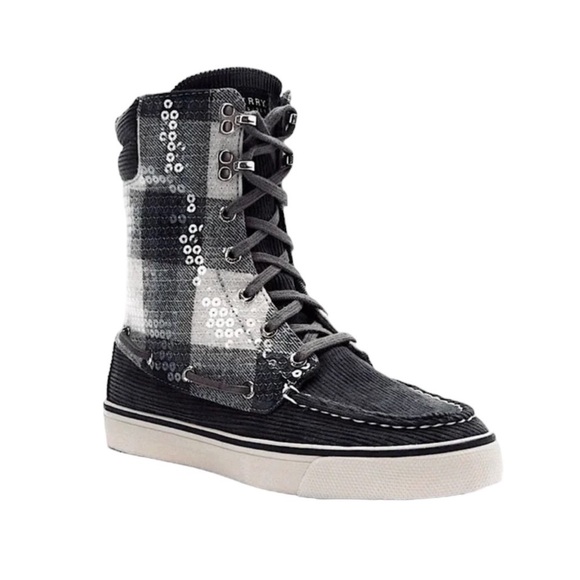 SPERRY Top-Sider Acklins Grey Corduroy Plaid Sequin Lace Up Women's Boot Shoes 8 - Picture 1 of 16